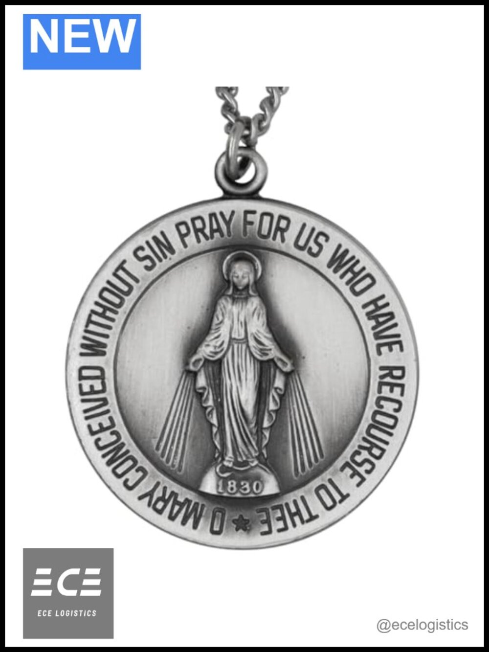 Our Lady of Grace Miraculous Medal Necklace Silver-Tone 20" Chain